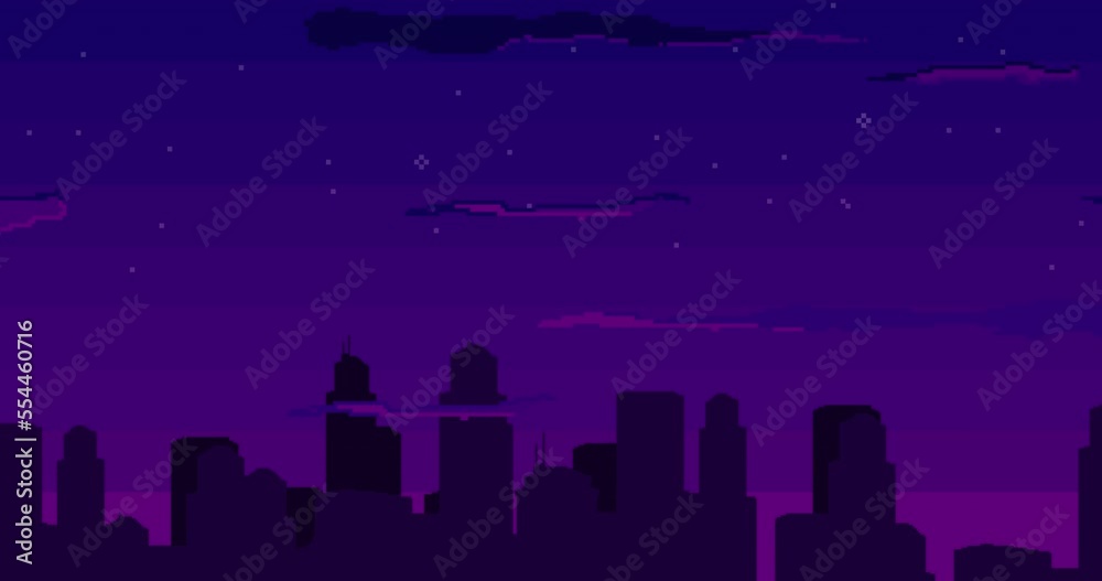 Pixel art animation. Pixel city with stars. Seamless looping animation video pixel game 8 bit Pixel art animation. Pixel city with stars. Seamless looping animation video pixel game 8 bit