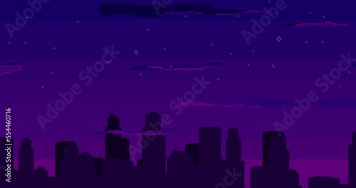 Pixel art animation. Pixel city with stars. Seamless looping animation video pixel game 8 bit