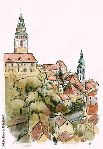 watercolour picture of cesky krumlov czechia