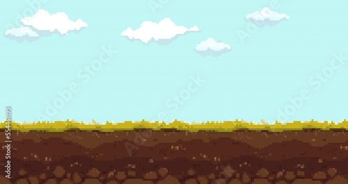 Animation of old style pixel game. Pixel art game background. Ground, grass, sky, tree and clouds. Pixel art Game Design 8 bit video vector 