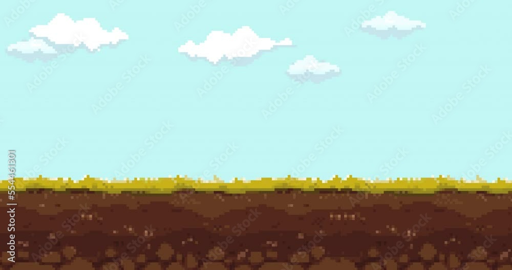 Animation of old style pixel game. Pixel art game background. Ground, grass, sky, tree and clouds. Pixel art Game Design 8 bit video vector 