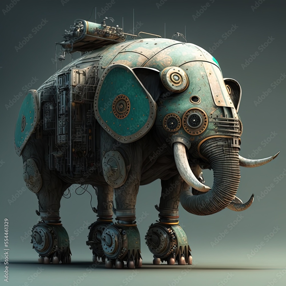 Armed war elephant, robot elephant, futuristic knight, mechanical robot