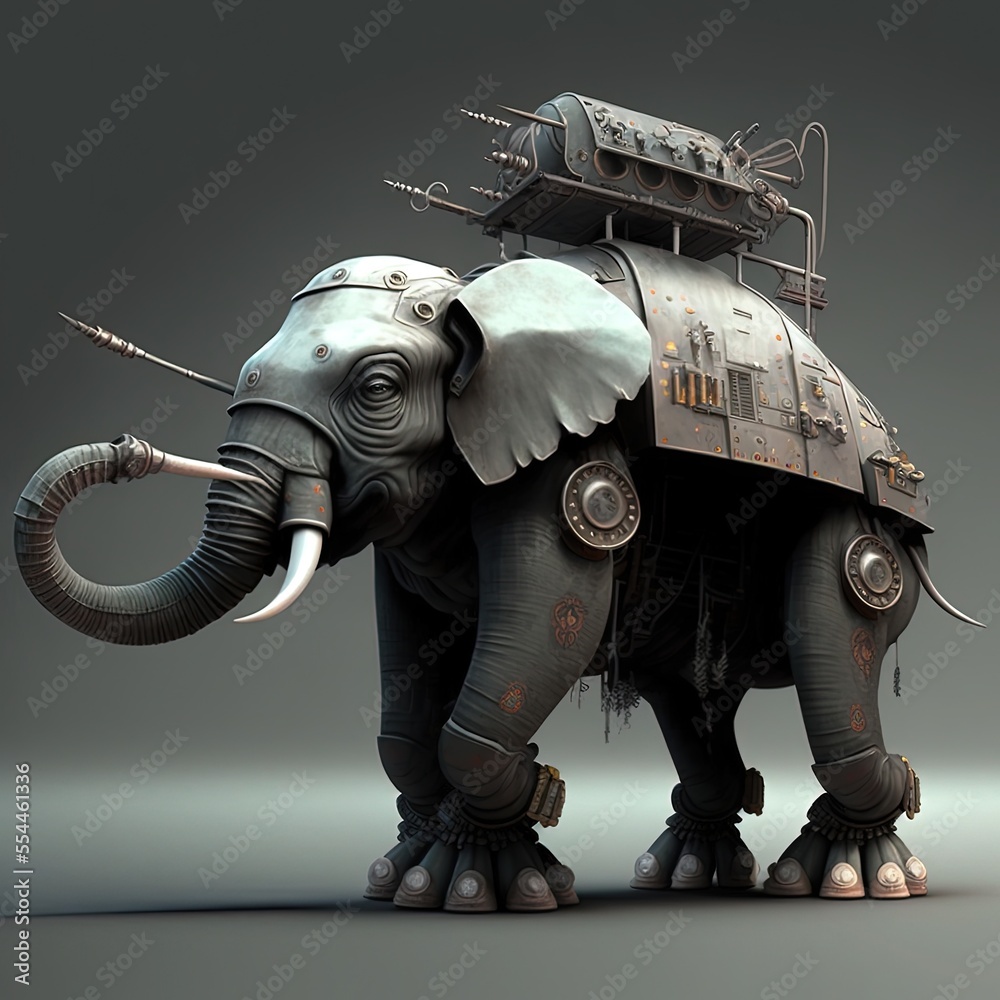 Armed war elephant, robot elephant, futuristic knight, mechanical robot