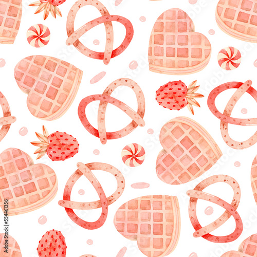 Pink heart shaped waffles, pretzels and strawberries watercolor seamless pattern