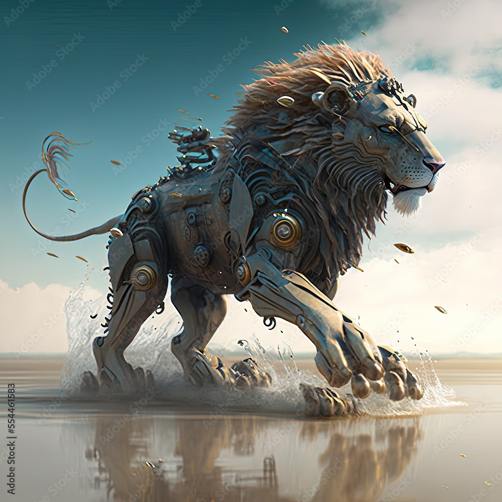 Futuristic lion knight, mechanical robot warrior, future warrior,  generative ai, electronic animal, lion robot in a desert ilustración de  Stock | Adobe Stock