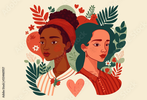 Lesbian multiethnic female couple. Saint Valentine day, greeting card with lesbian women couple. Romantic LGBT postcard on isolated background.