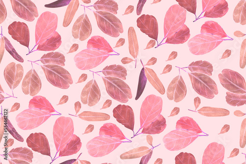 Seamless bright pattern. Leaves on a light pink background. Pastel style illustration. 