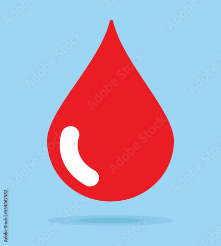 Blood drop icon, vector illustration. Red shiny blood drop isolated on blue background - donation, dna test, disease. The concept of donating blood.