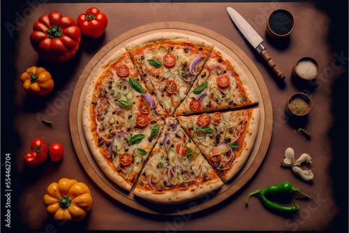 Vegetarian Pizza Top-View with Vegetables and Spices on Dark Brown Background