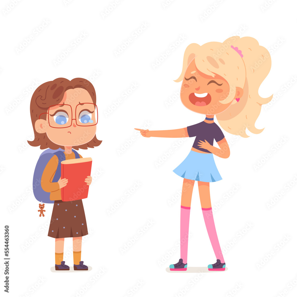 Kids bullying at school, girl shaming and laughing at lonely classmate wearing glasses Kids bullying at school, girl shaming and laughing at lonely classmate wearing glasses
