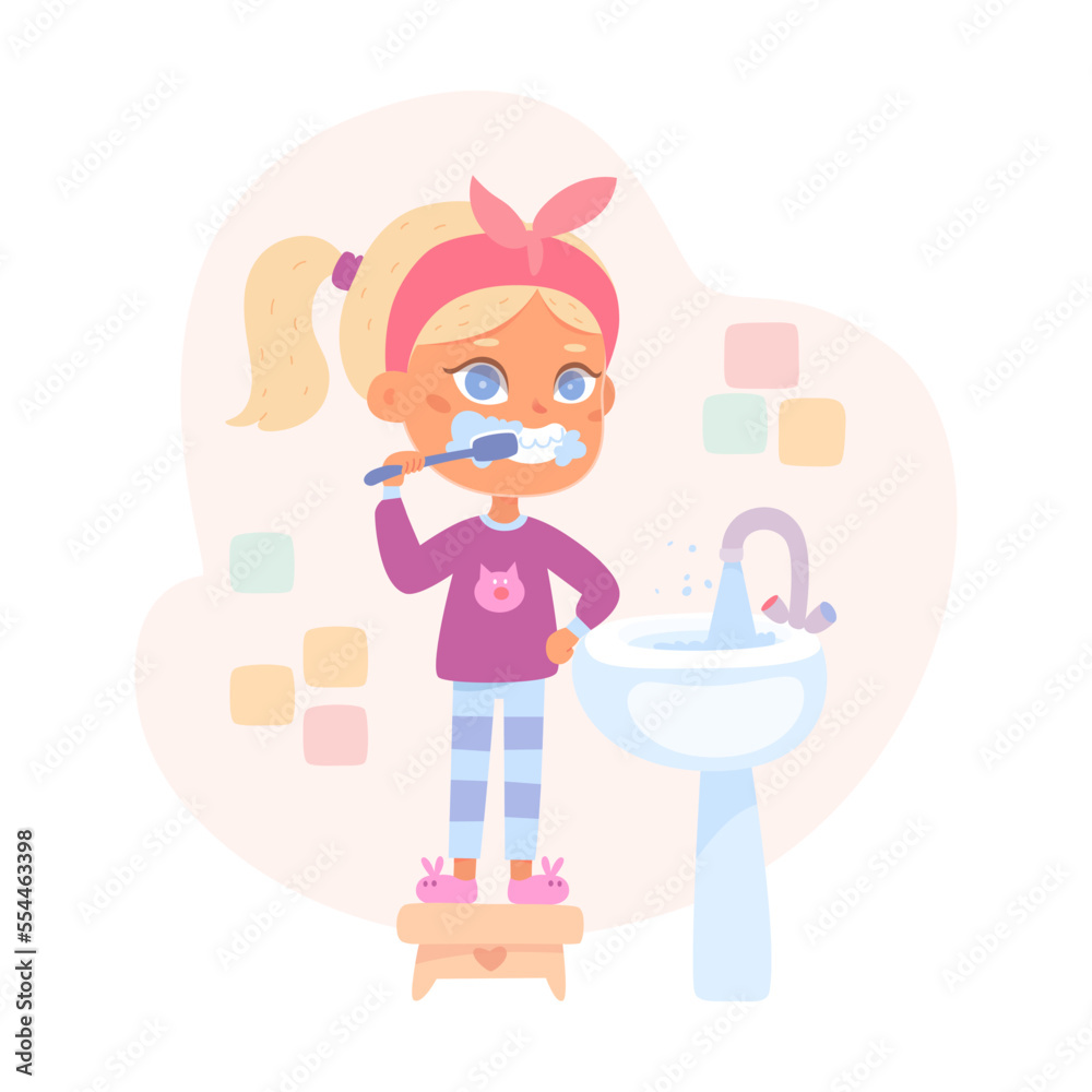 Girl brushing teeth, cute kid holding toothbrush with toothpaste to care health of mouth