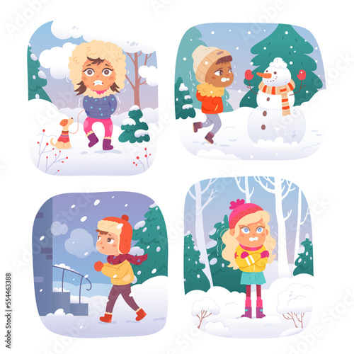 Kids shiver in cold winter weather set, boys and girls shivering outdoors, child freezing