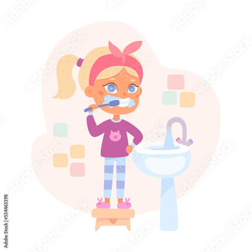 Girl brushing teeth, cute kid holding toothbrush with toothpaste to care health of mouth