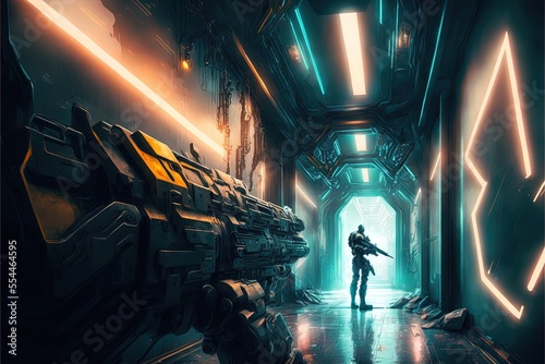 First person view shooter game arms holding futuristic gun, rifle on sci-fi spaceship corridor. Generative AI