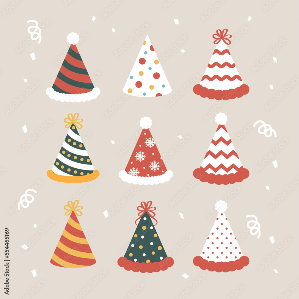 Collection of beautiful conical hat for party. Set of holiday ornaments. decorations, ribbon, hair, birthday, party, celebration. Colored vector illustration in flat cartoon style.