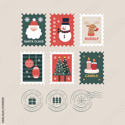 Collection of beautiful stamp decorations for Christmas. Set of holiday ornaments. Figures of animals, Santa Claus, Xmas tree design. Colored vector illustration in flat cartoon style.