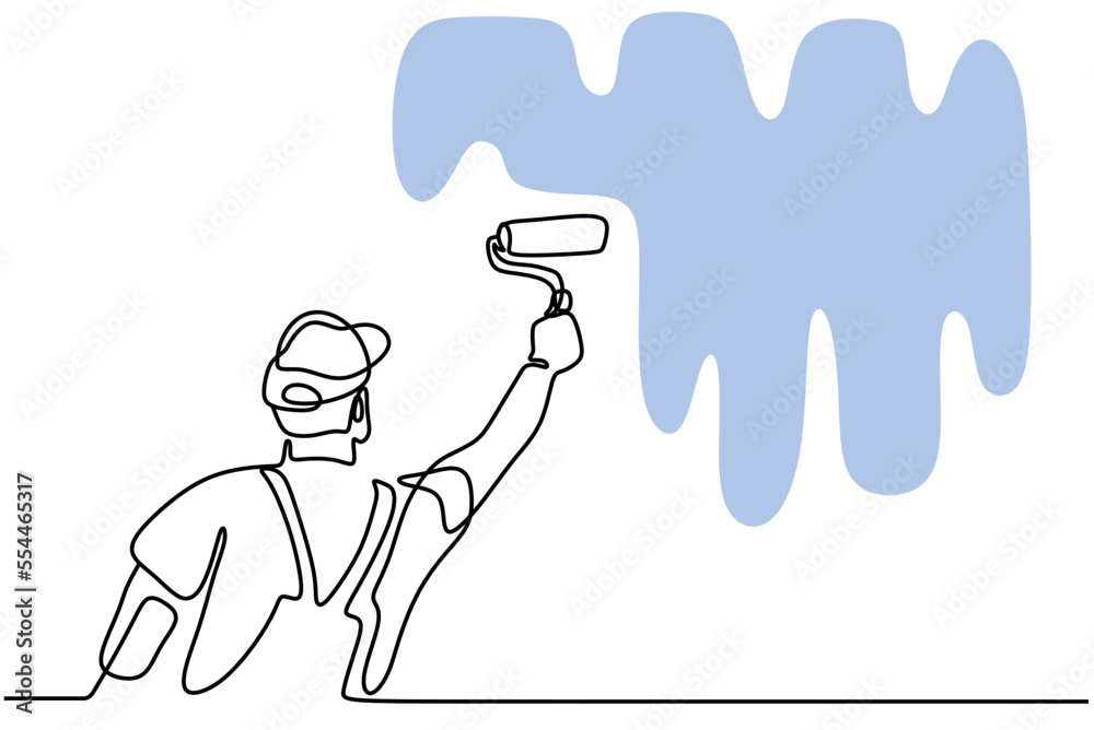 Continuous one line drawing of young handyman painting the wall using roller stick. Painter wall renovation service concept. Vector home renovation theme isolated on white background