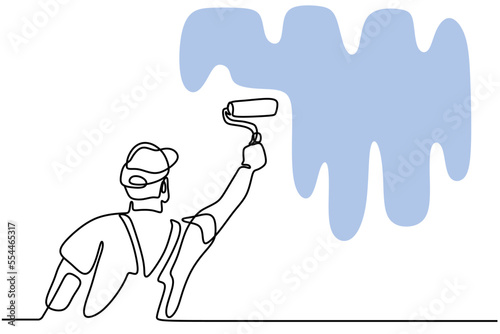 Continuous one line drawing of young handyman painting the wall using roller stick. Painter wall renovation service concept. Vector home renovation theme isolated on white background