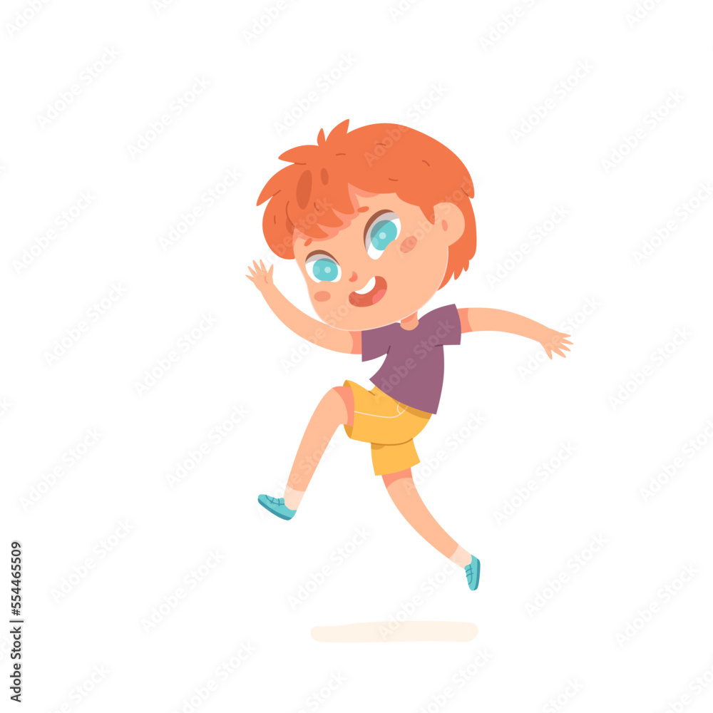 Boy dancing to music with jumps vector illustration. Cartoon isolated little male dancer character jumping high and laughing with happy emotions, fun active hip hop dance of cute excited child Boy dancing to music with jumps vector illustration. Cartoon isolated little male dancer character jumping high and laughing with happy emotions, fun active hip hop dance of cute excited child