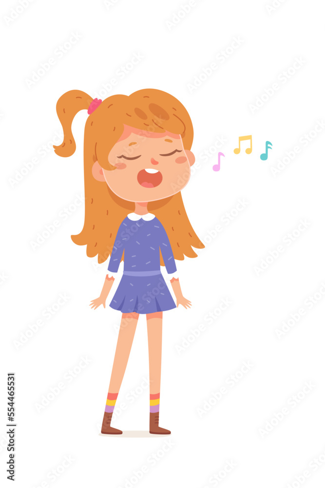 Cute girl singing song vector illustration. Cartoon isolated happy kawaii female singer standing to sing to music at Christmas party, choir performance or school concert on stage