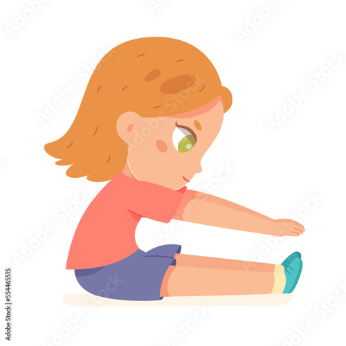 Girl doing forward bend in yoga or pilates sitting position, sport exercise in gym