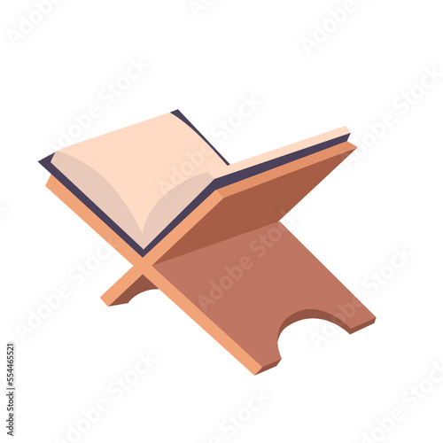 Quran, open holy Islam book for reading by Muslim prayers, Koran on wooden stand