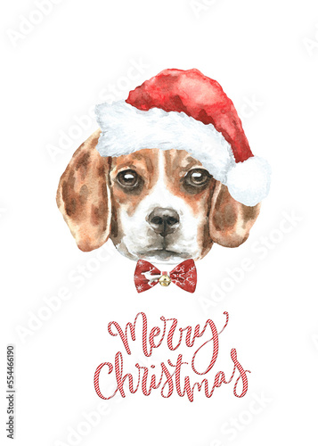 Watercolor beagle illustration dogs breeds collection, Merry Christmas greeting card, Dog in santa,elf hat,  clothes, funny character printable portrait, costume, New year,lettering diy card design © Catherine