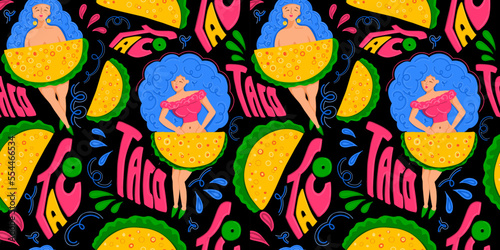 Taco. Mexican cuisine. Taco seamless pattern. Modern print for printing on T-shirts and postcards.