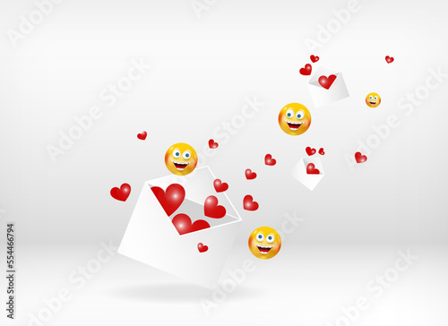Floating postal envelope with flying hearts and happy smiling emoji isolated on white background. Valentine's day, love, romantic concept. Graphic for design