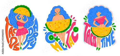 Taco. Mexican cuisine. Illustration of a girl and a taco. Modern print for printing on T-shirts and postcards.