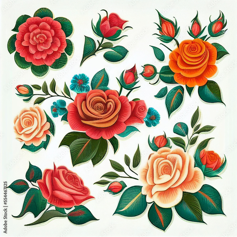 planche de roses décoratives folk