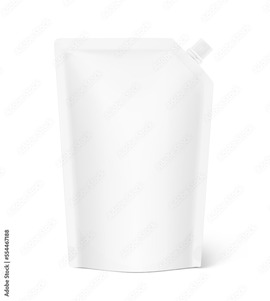 Pouch bag mockup with corner spout. Vector illustration isolated on white background. Front view. Can be use for template your design, presentation, promo, ad. EPS10. Pouch bag mockup with corner spout. Vector illustration isolated on white background. Front view. Can be use for template your design, presentation, promo, ad. EPS10.
