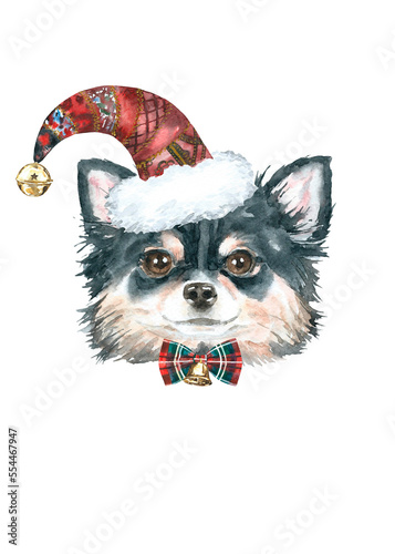 Watercolor chihuahua illustration dogs breeds collection, Merry Christmas greeting card, Dog in santa,elf hat,  clothes, funny character printable portrait, costume, New year,lettering diy card design © Catherine