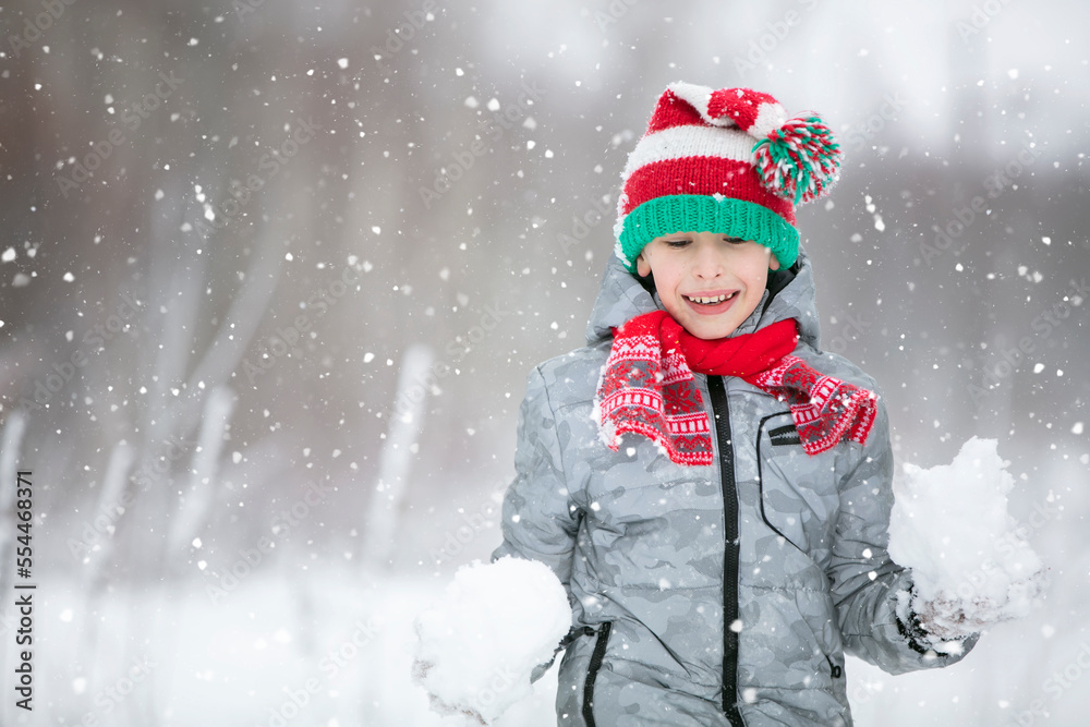 Portrait of a boy in a winter hat. Winter, outside, snow. A child plays with snow. Happy child in winter. Portrait of a boy in a winter hat. Winter, outside, snow. A child plays with snow. Happy child in winter.