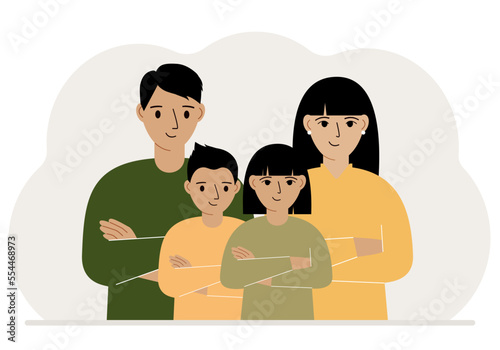 Happy family of mom dad and two children. Concept of family problems, psychological help or conflict.