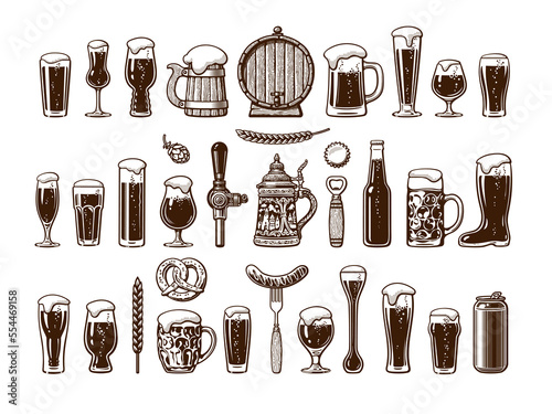 Big vintage set of beer objects. Various types of beer glasses and mugs. Hand drawn vector illustration.