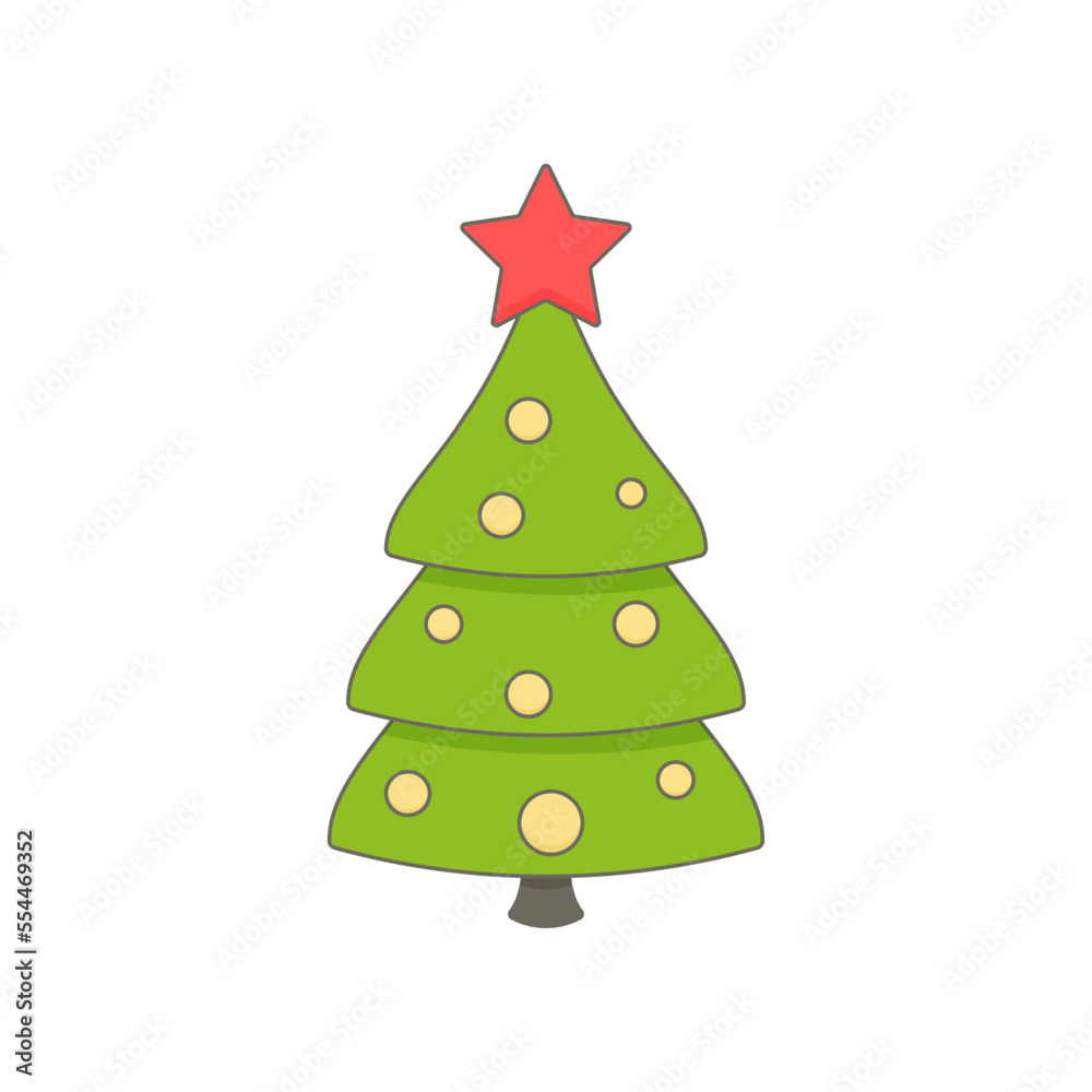 Cartoon green Christmas tree and garland with lights isolated on white Cartoon green Christmas tree and garland with lights isolated on white