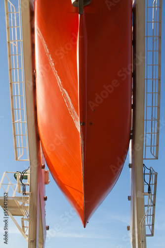 free fall life boat of a merchant ship at sea, view from down