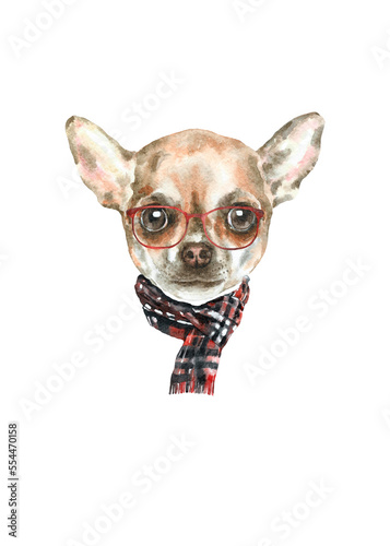 Watercolor chihuahua illustration dogs breeds collection, Merry Christmas greeting card, Dog in santa,elf hat,  clothes, funny character printable portrait, costume, New year,lettering diy card design © Catherine