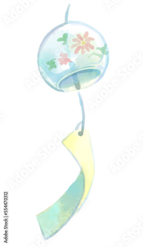 風に揺れる風鈴の水彩イラスト(透過PNG)
