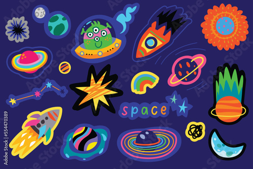Space sticker collection with planets, rockets and stars in the night © penguin_house