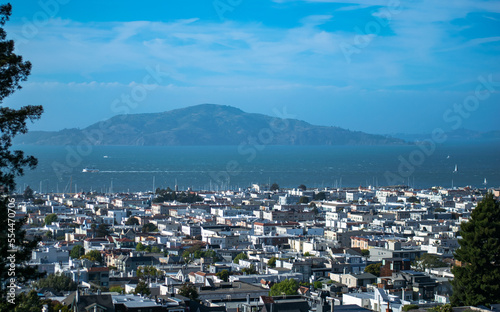 Panoramic view of San Francisco Bay area with island in the background