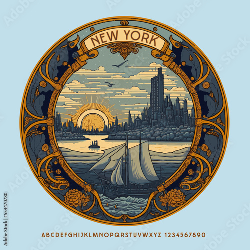 Vector touristic  round logo, emblem, poster New York with chic set of retro Alphaebt Letters and Numbers. Elegant style Font