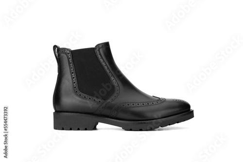 Black women's leather shoes on a white background. Fashion trend. Winter season half-boots.