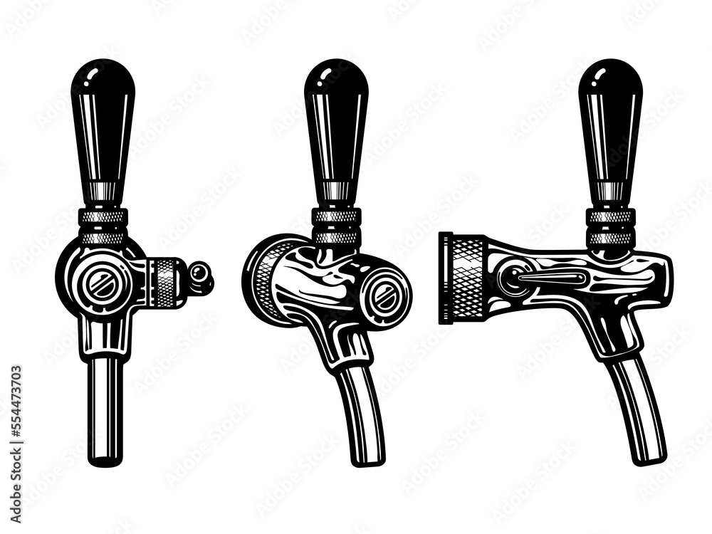 Vetor de Beer tap front, side and three quarter view. Hnd drawn vector  illustration isolated on white background. do Stock