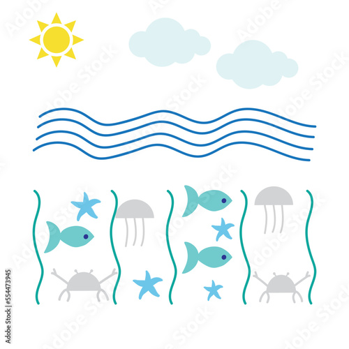 Fish, jellyfish, crab and starfish, life below sea concept