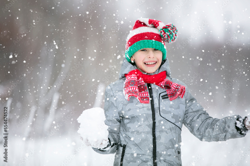 Portrait of a boy in a winter hat. Winter, outside, snow. A child plays with snow. Happy child in winter. Portrait of a boy in a winter hat. Winter, outside, snow. A child plays with snow. Happy child in winter.