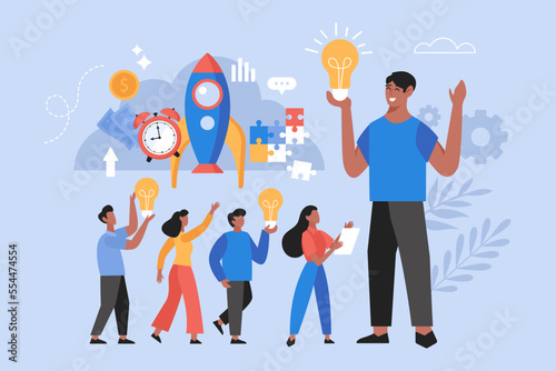 Brainstorming creative ideas business concept.  Modern vector illustration of project team leader and teamwork people searching for solutions