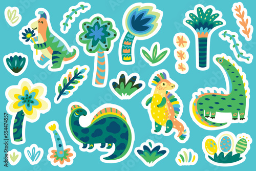 Sticker collection with dinosaurs and trees in childish style