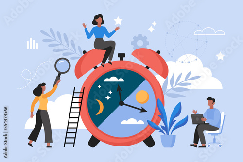 Circadian rhythm and time balance concept. Modern vector illustration with people and alarm clock